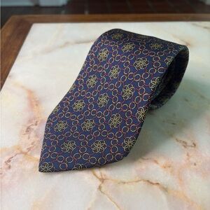 Hermes 100% Silk Navy, Res and Gold Patterned Tie